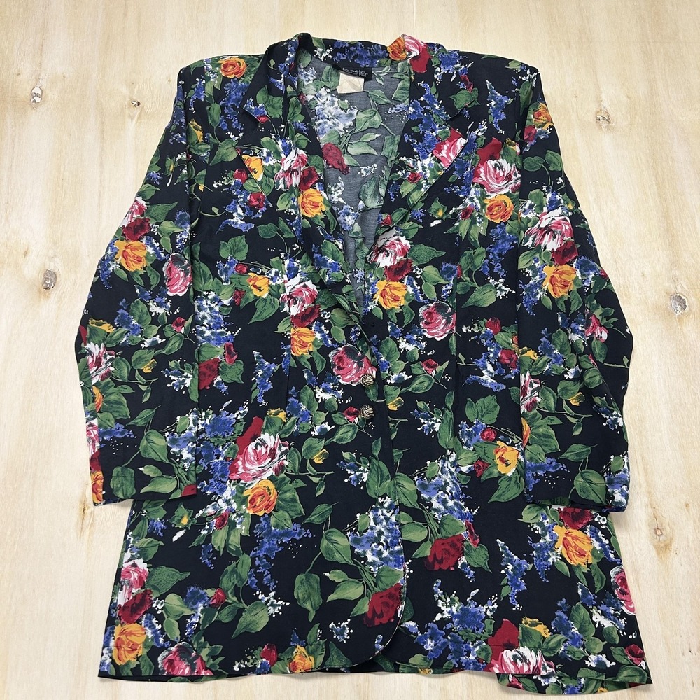 Vintage La Belle Fashions Blazer Jacket Womens Med Multicolor Floral 2 Button